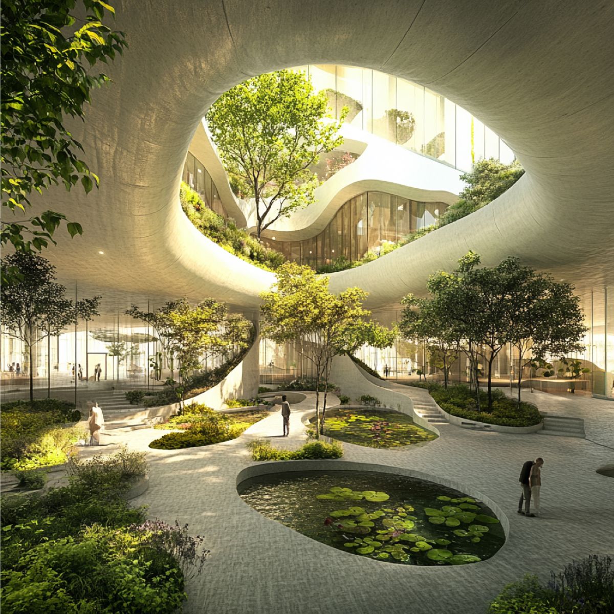 Modern curved residential building with greenery and pool